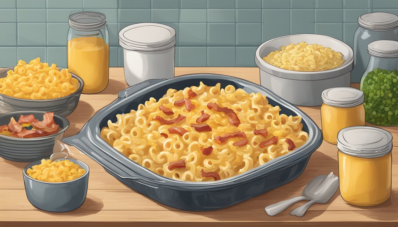 A plate of bacon mac and cheese sits on a kitchen counter, covered with plastic wrap. The dish is surrounded by various leftover containers and ingredients