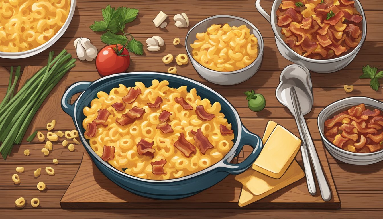 A steaming bowl of bacon mac and cheese sits on a rustic wooden table, surrounded by scattered ingredients like cheese, bacon, and pasta