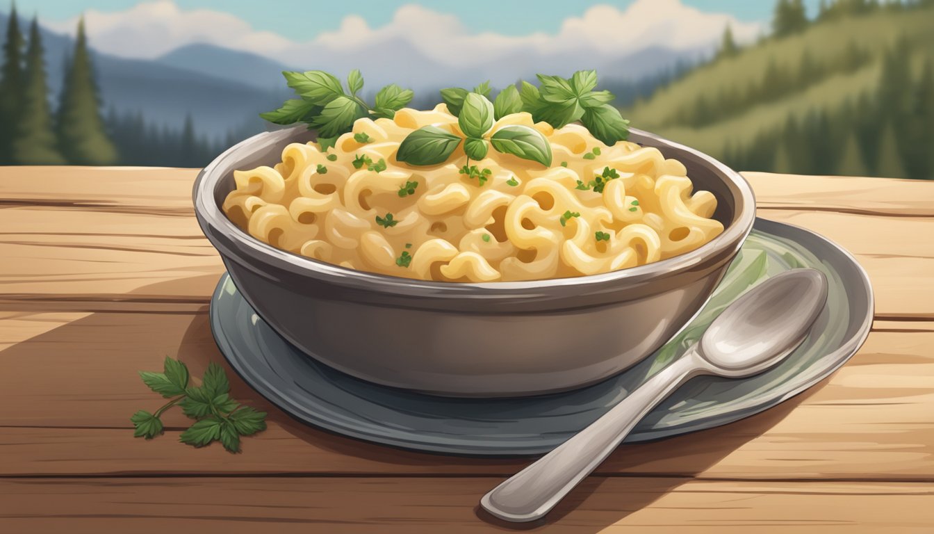 A steaming bowl of creamy alfredo mac and cheese sits on a rustic wooden table, surrounded by scattered herbs and spices