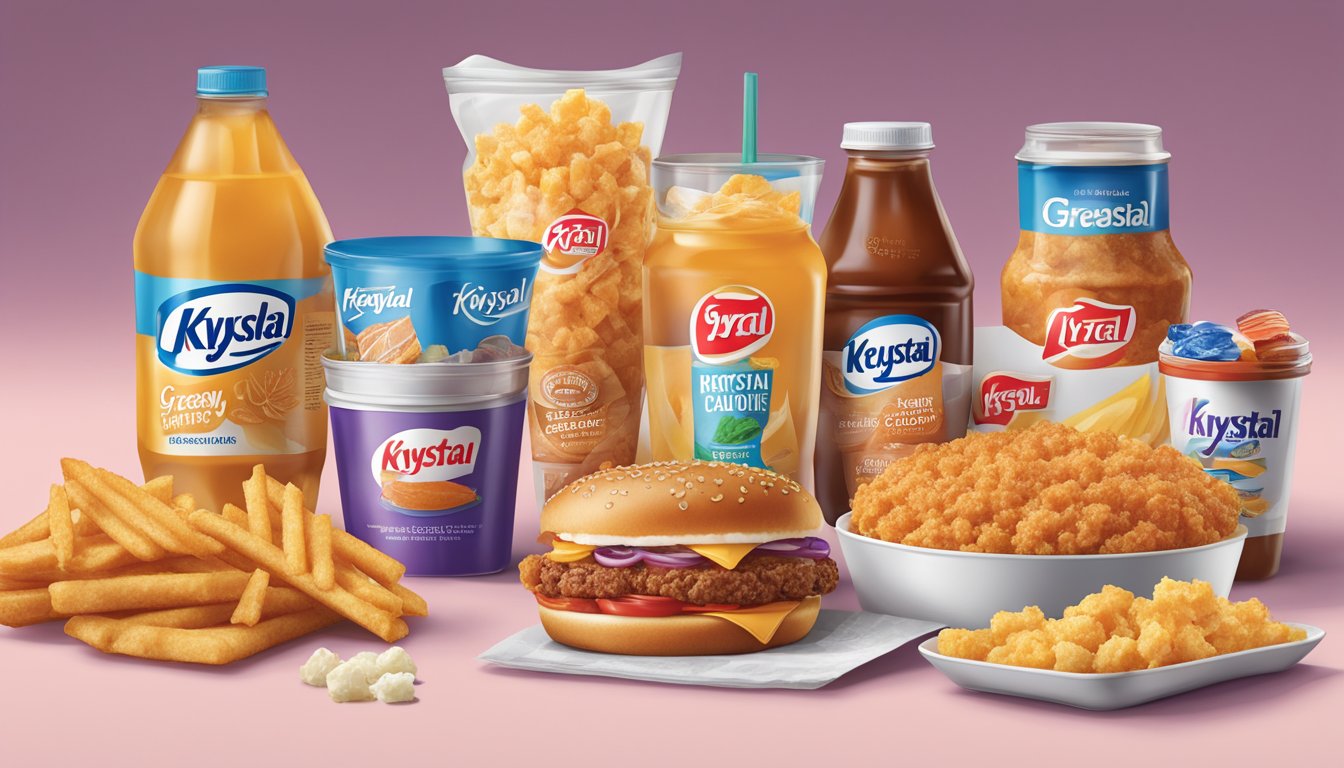 A spread of greasy, high-calorie Krystal foods with nutritional information displayed