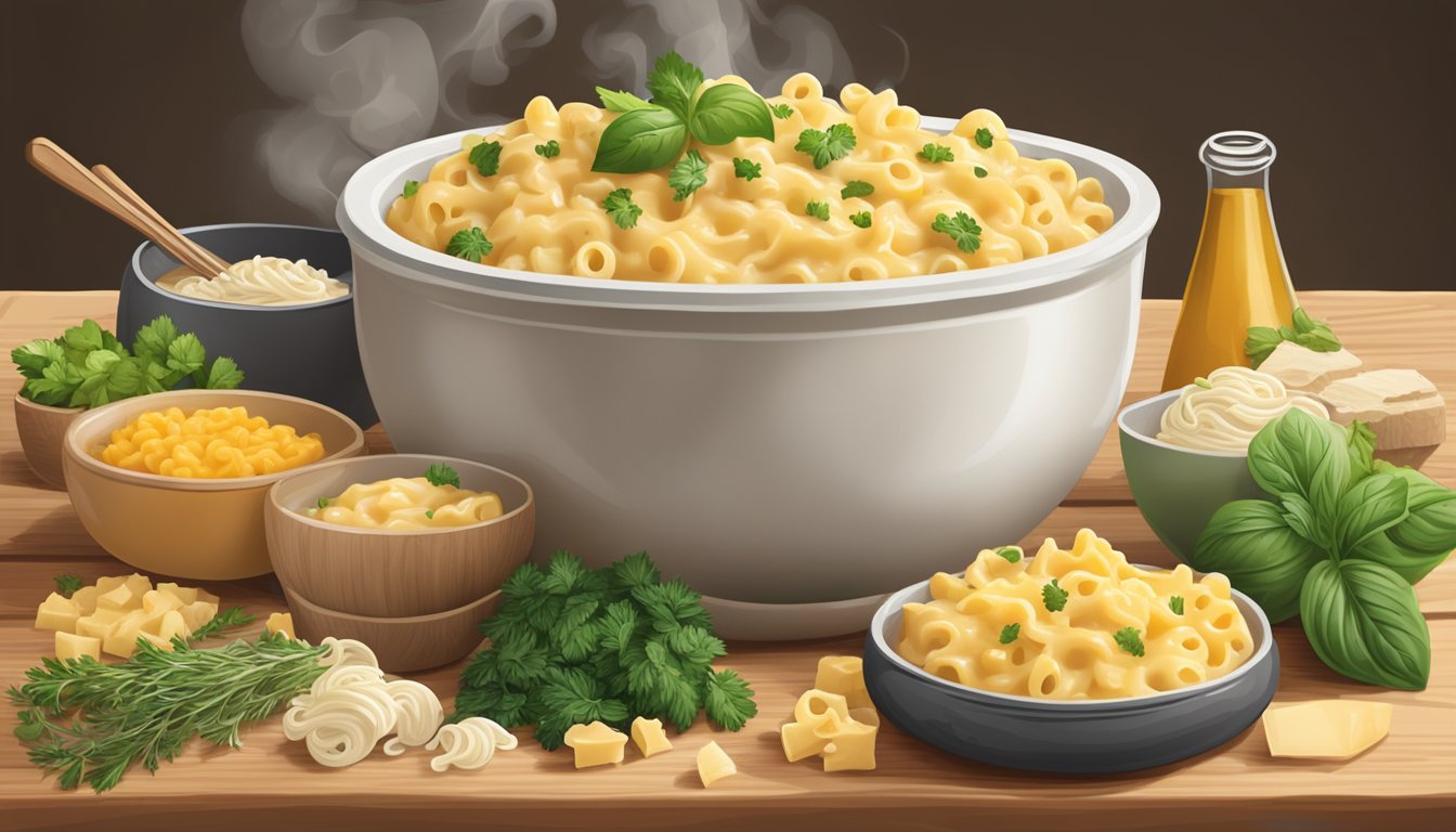 A steaming bowl of creamy alfredo mac and cheese sits on a wooden table, surrounded by fresh ingredients like cheese, pasta, and herbs