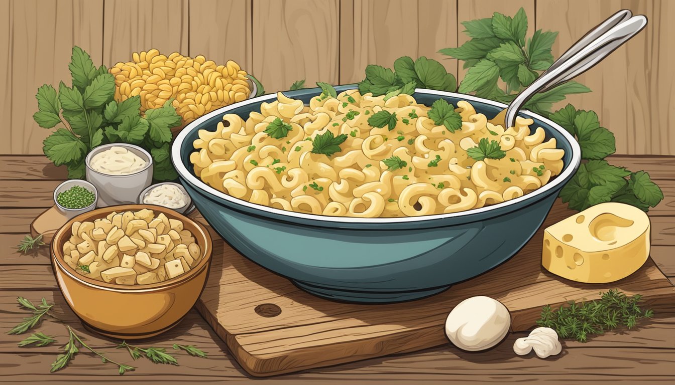 A steaming bowl of creamy alfredo mac and cheese sits on a rustic wooden table, surrounded by scattered ingredients like cheese, pasta, and herbs