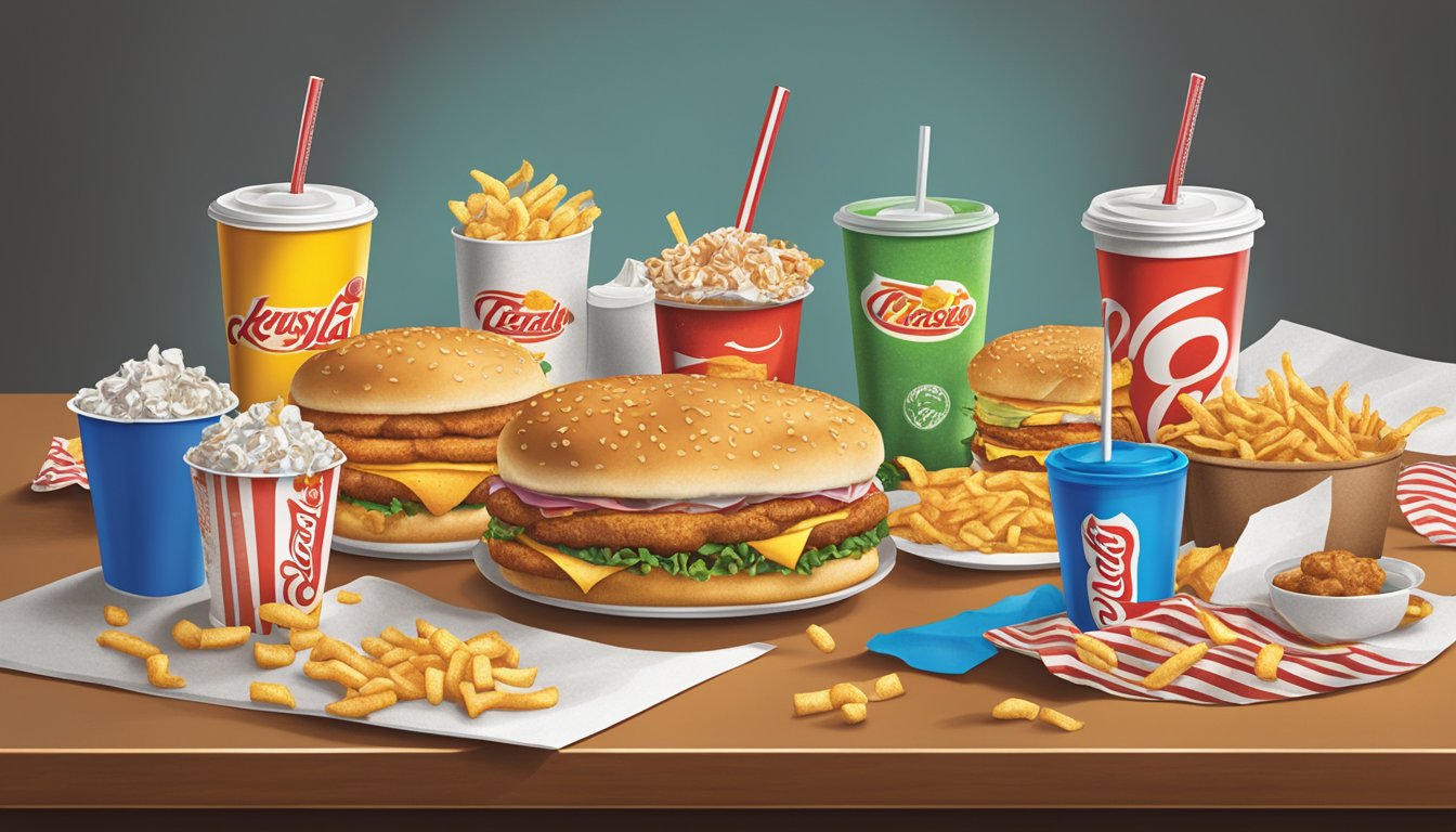 A table filled with greasy, high-calorie Krystal fast food items surrounded by empty soda cups and discarded wrappers