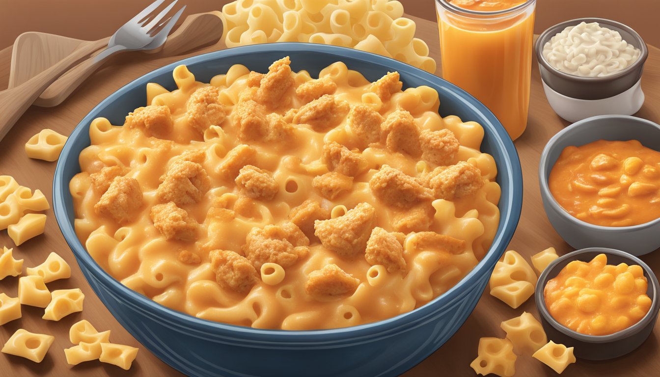 A steaming bowl of buffalo chicken mac & cheese with melted cheese and chunks of chicken, surrounded by buffalo sauce and macaroni