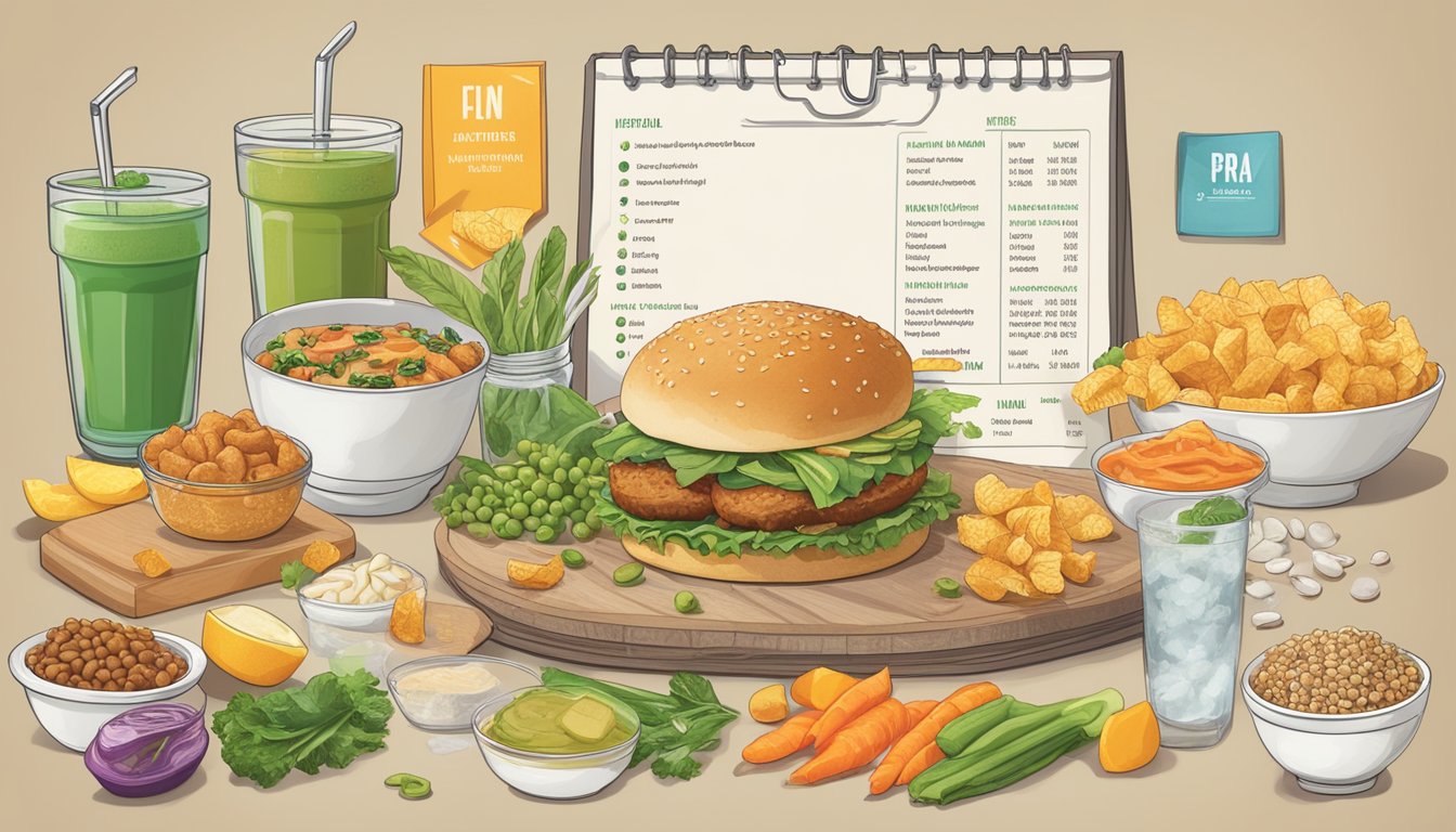 A table with Krystal menu items next to healthier alternatives, surrounded by nutritional information charts and fresh ingredients