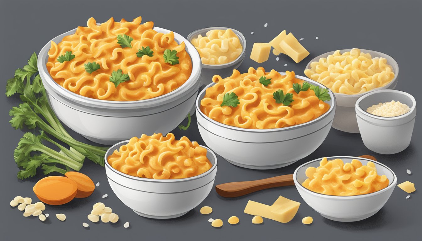 A steaming bowl of Buffalo Chicken Mac & Cheese surrounded by scattered ingredients