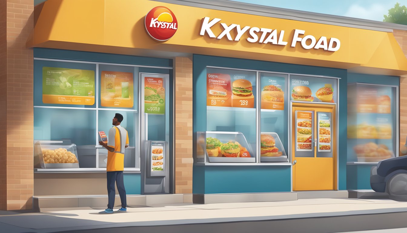 A person standing in front of a Krystal fast food restaurant, looking at a nutrition information chart displayed on the window