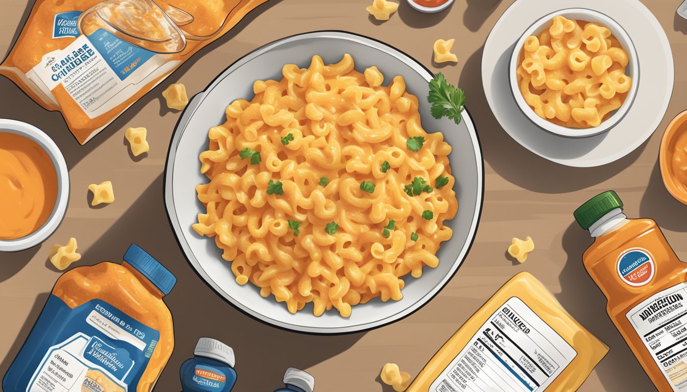 A bowl of buffalo chicken mac and cheese with a nutrition label and allergen information, surrounded by scattered ingredients like chicken, cheese, and hot sauce bottles