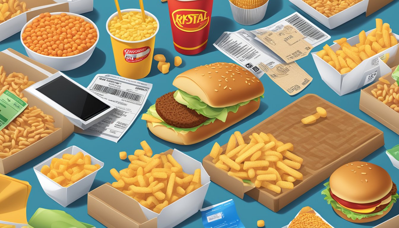 A pile of Krystal fast food items next to a nutrition label and a calculator