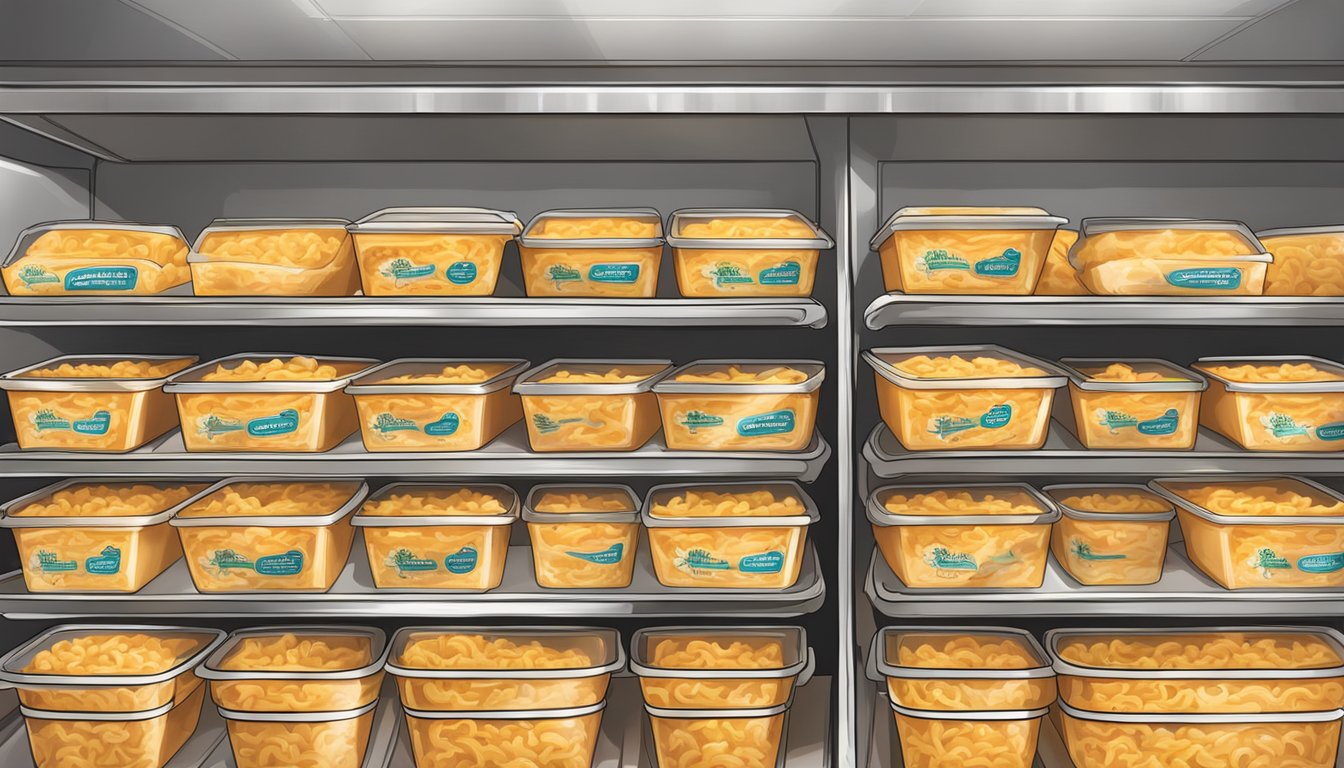 A freezer shelf filled with neatly stacked containers of buffalo chicken mac and cheese