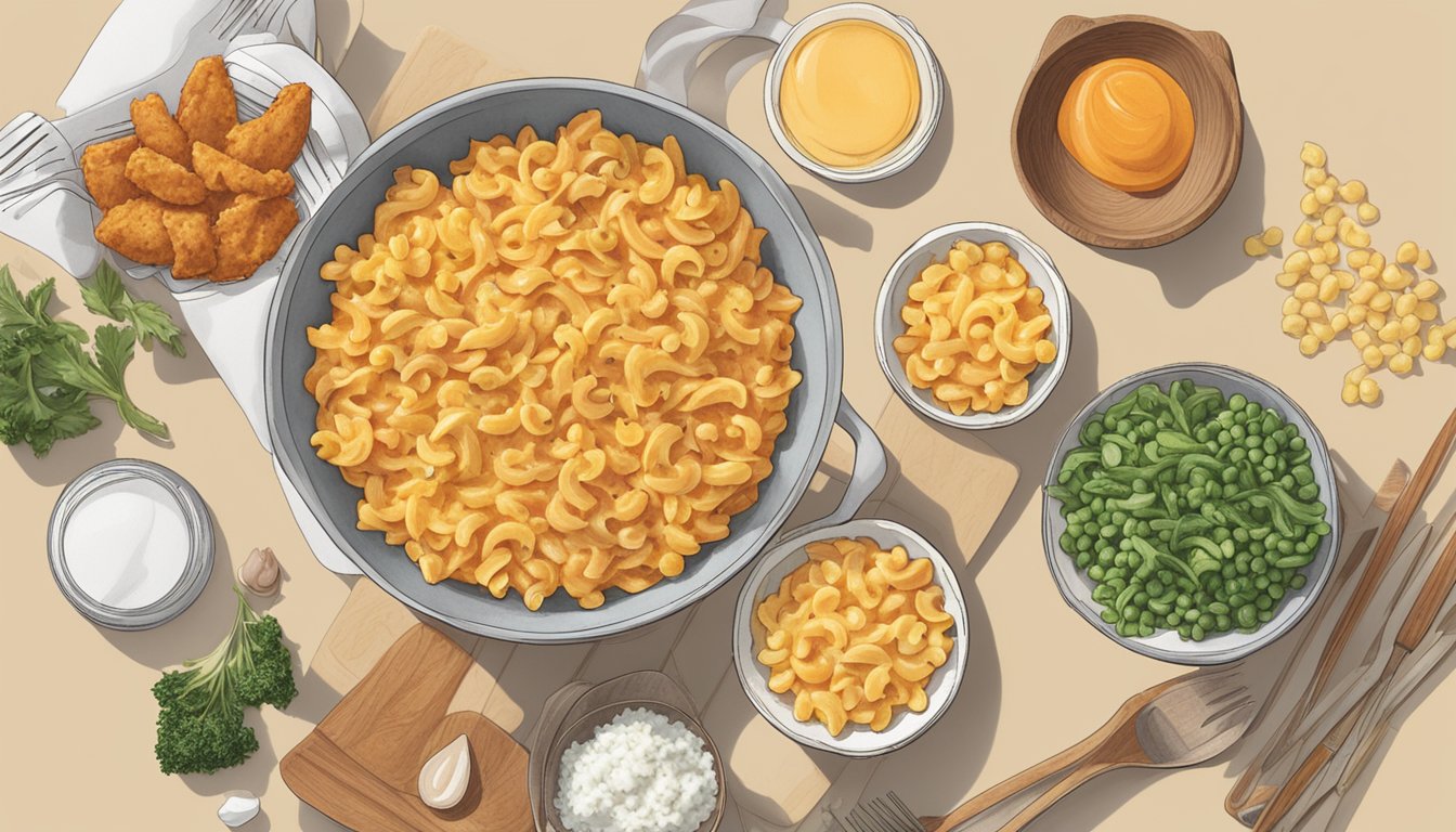 A steaming bowl of buffalo chicken mac and cheese sits on a kitchen counter, surrounded by scattered ingredients and a timer set for 20 minutes