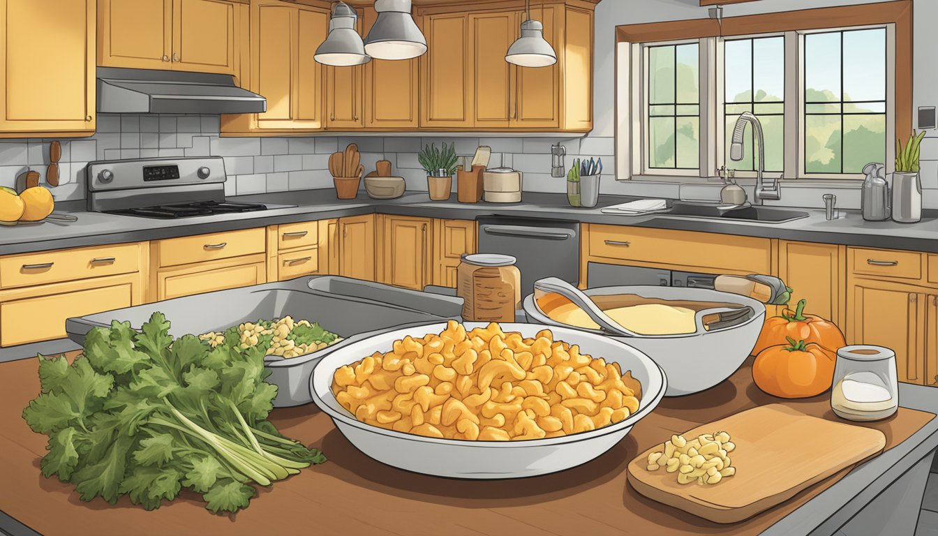 A steaming bowl of buffalo chicken mac and cheese sits on a kitchen counter, surrounded by fresh ingredients and a food safety guide