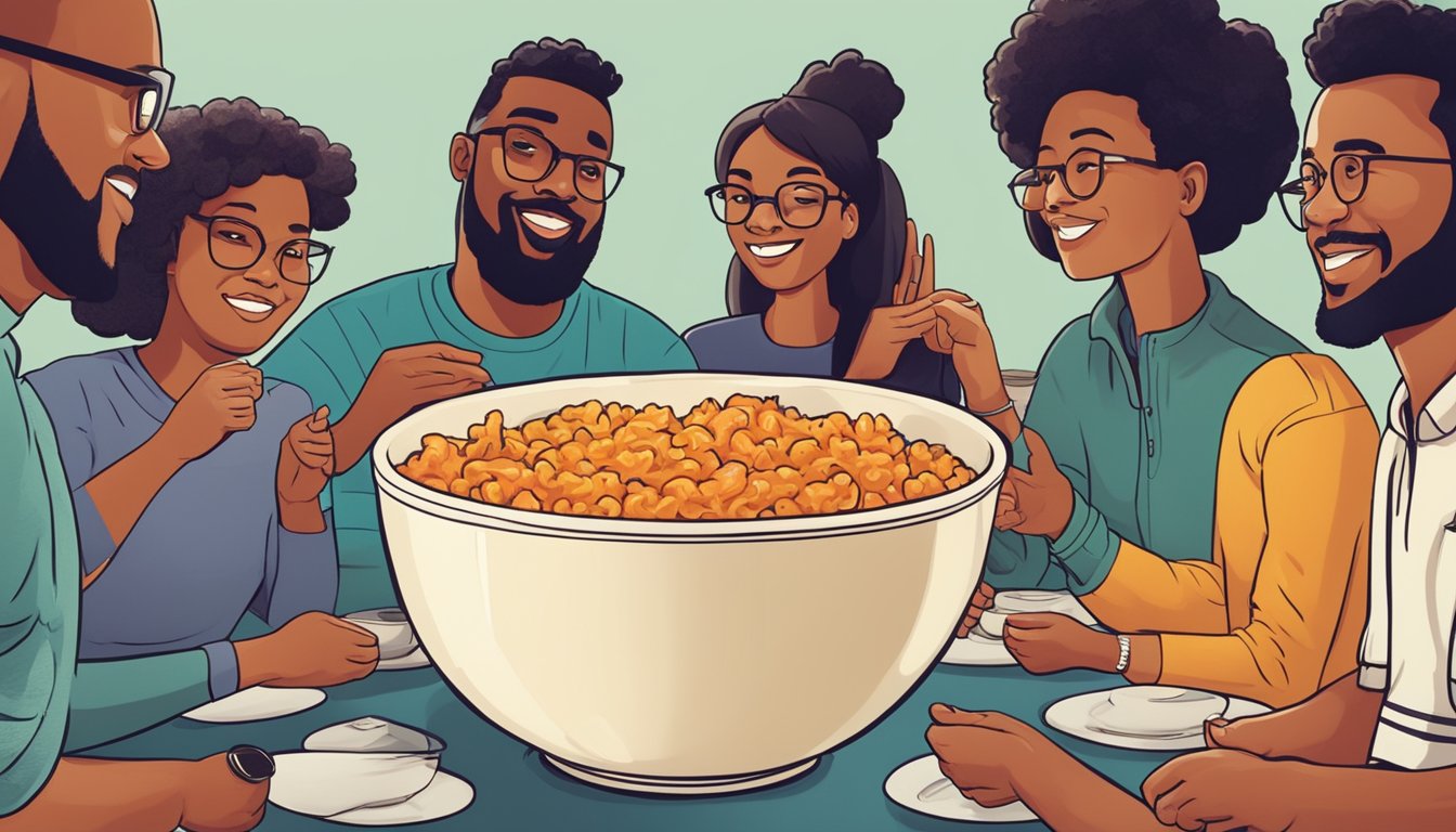 A steaming bowl of buffalo chicken mac and cheese surrounded by a group of people engaged in lively conversation and debate