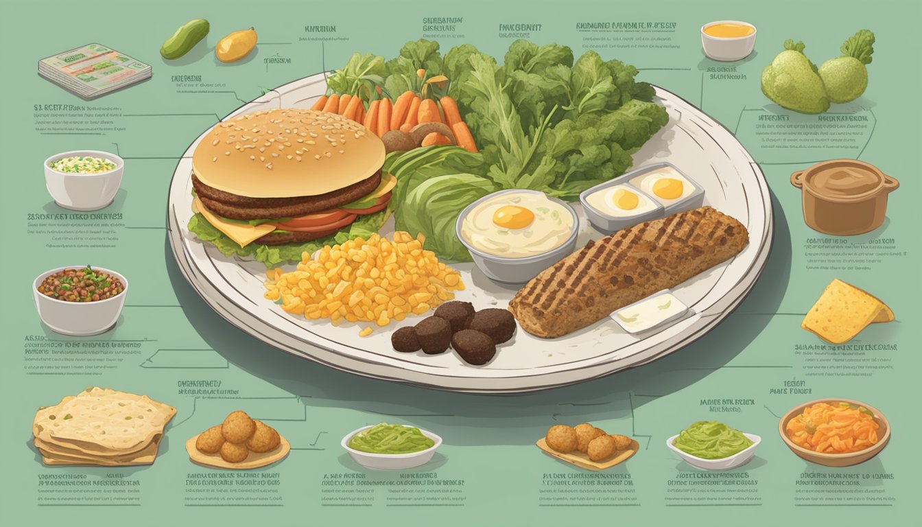 A table with a variety of Farmer Boys menu items, surrounded by scattered nutritional information and calorie counts