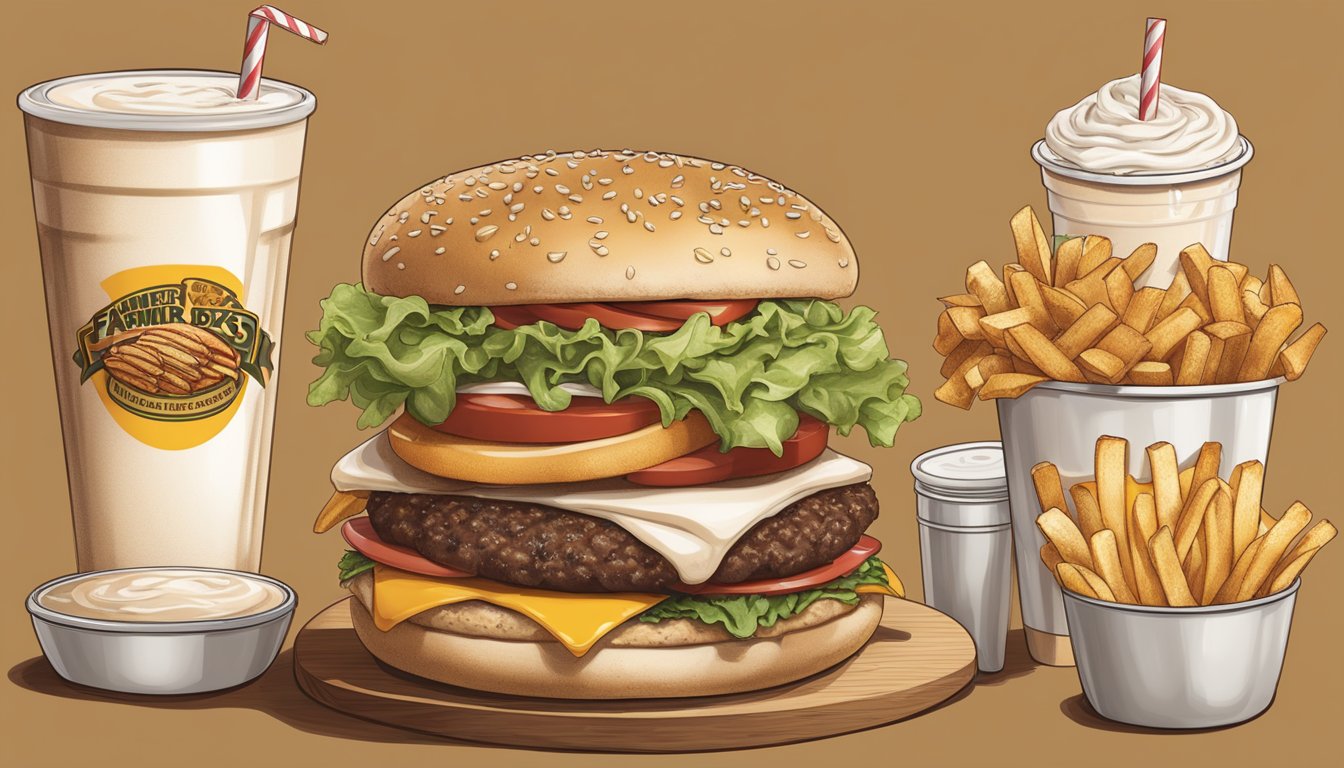 A table filled with greasy, oversized burgers, fries, and milkshakes from Farmer Boys. A nutrition label with high calorie and fat content