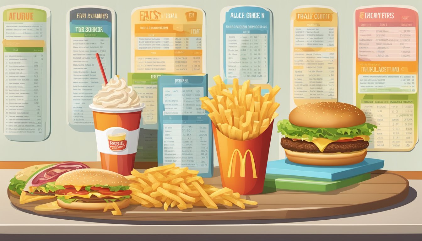 A table with fast food items, including burgers, fries, and milkshakes, next to a menu board displaying high calorie counts and fat content