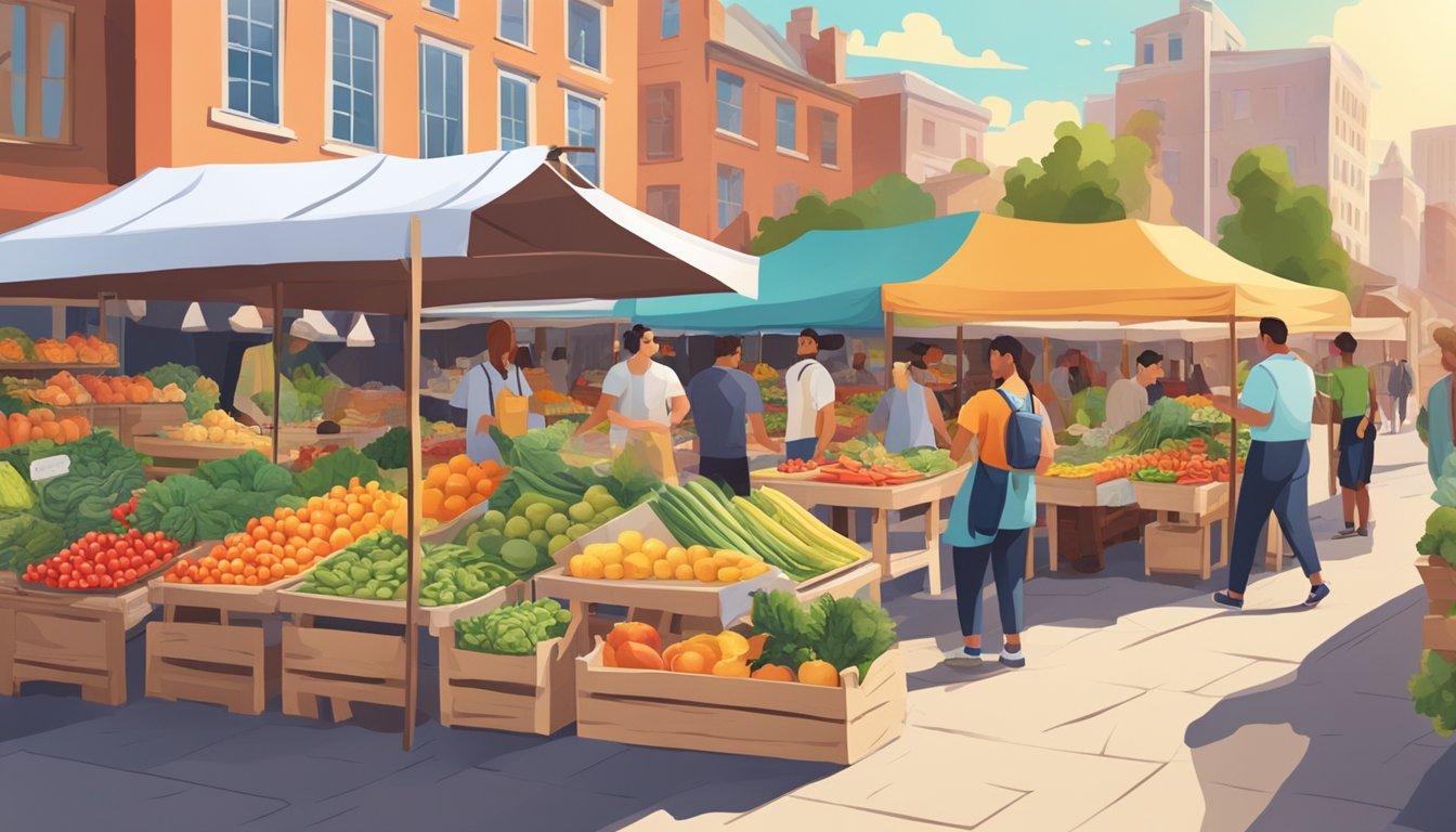 A vibrant farmers market with colorful fruits and vegetables displayed on wooden stands, surrounded by people browsing and chatting with vendors