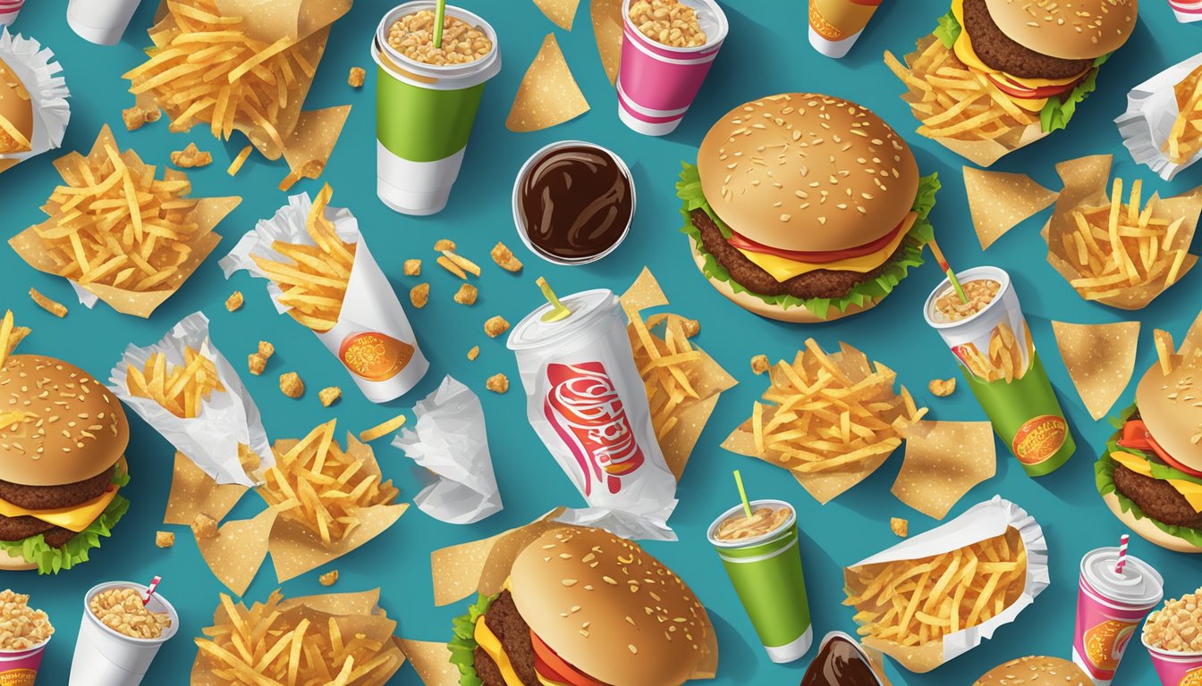 A table covered in greasy fast food wrappers and empty soda cups, with discarded fries and burger crumbs littering the surface