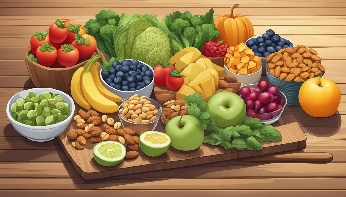 A table with a variety of healthy snacks, including fruits, nuts, and vegetables, arranged neatly on a wooden cutting board