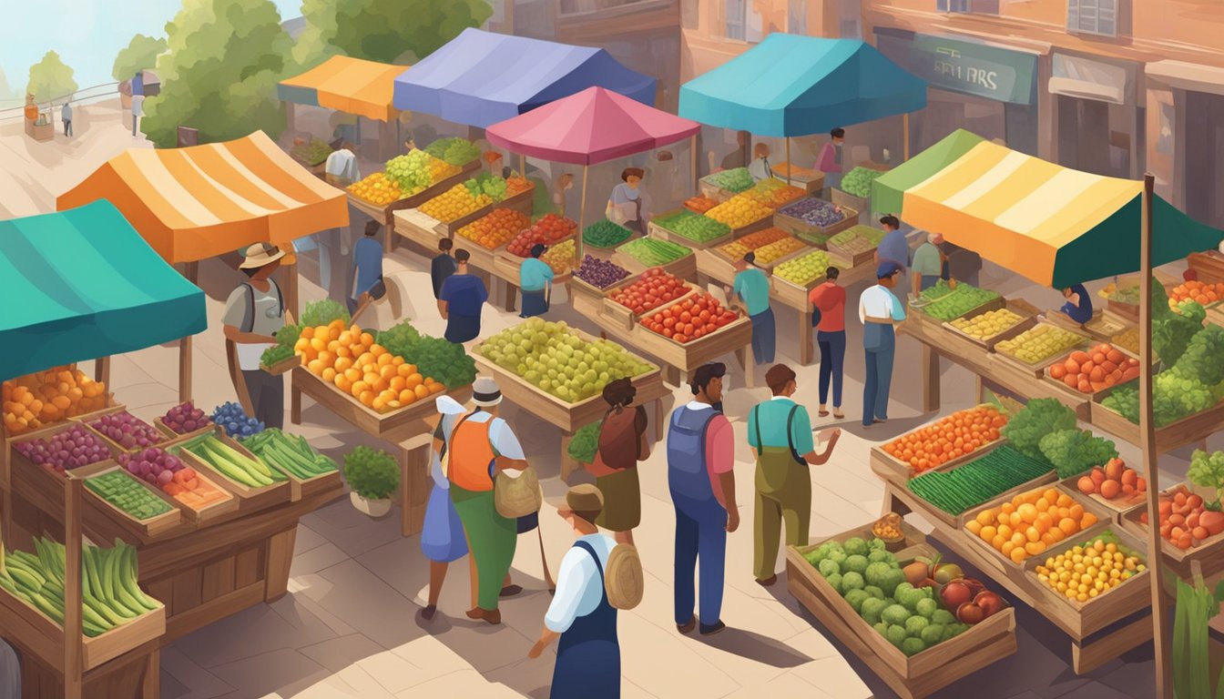 A farmer's market with colorful fruits and vegetables displayed on wooden stands, surrounded by people browsing and chatting with vendors