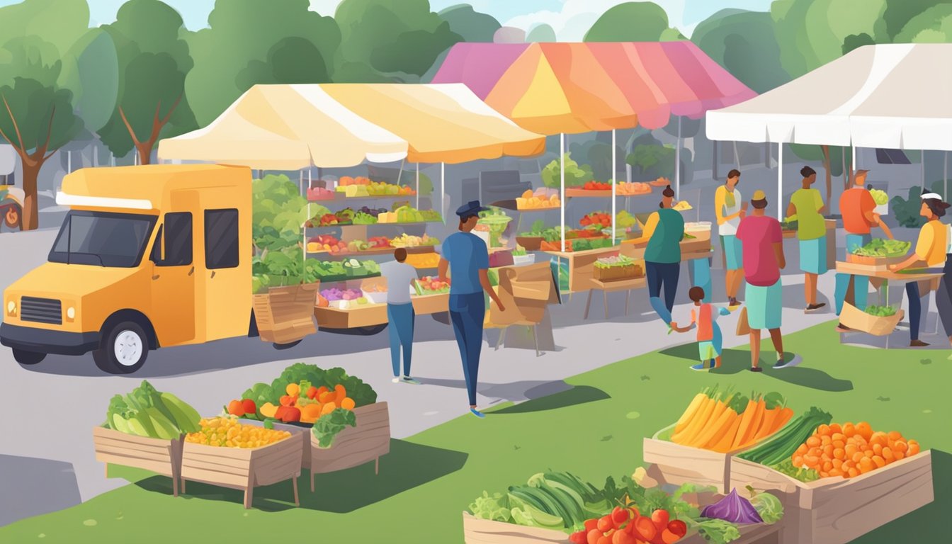 A bustling farmers market with colorful stalls offering fresh fruits, vegetables, and whole grains. A chef prepares vibrant salads and smoothie bowls at a nearby food truck