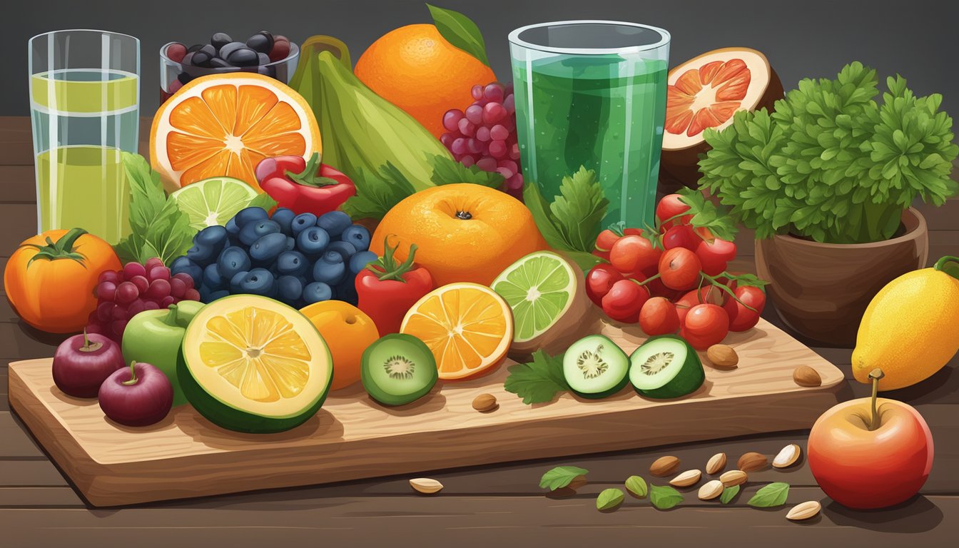 A colorful array of fruits, vegetables, nuts, and seeds arranged on a wooden cutting board, with a glass of water nearby