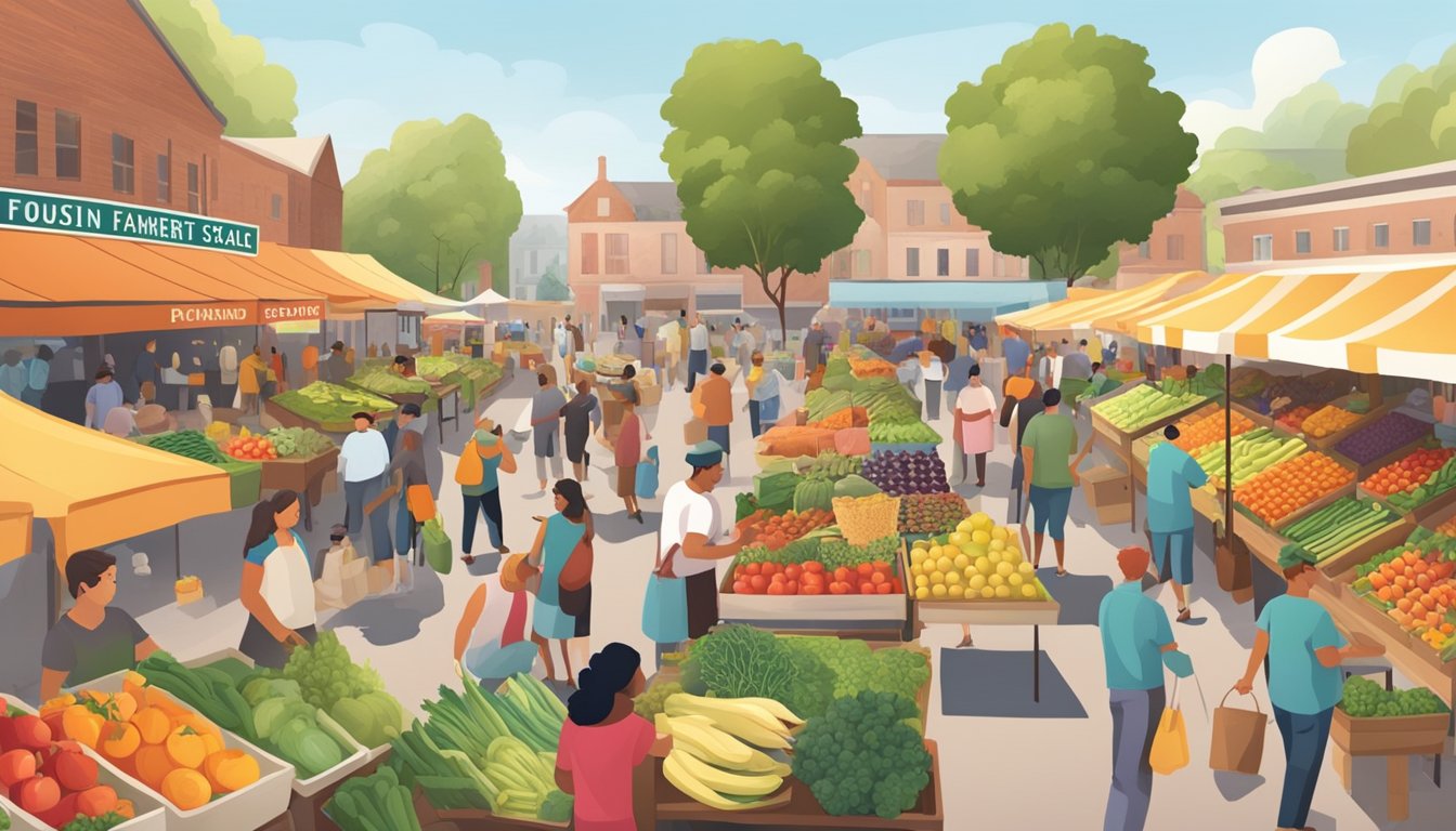 A bustling farmers market with colorful produce stands, a variety of fresh fruits and vegetables, and a crowd of people browsing and sampling local, organic foods