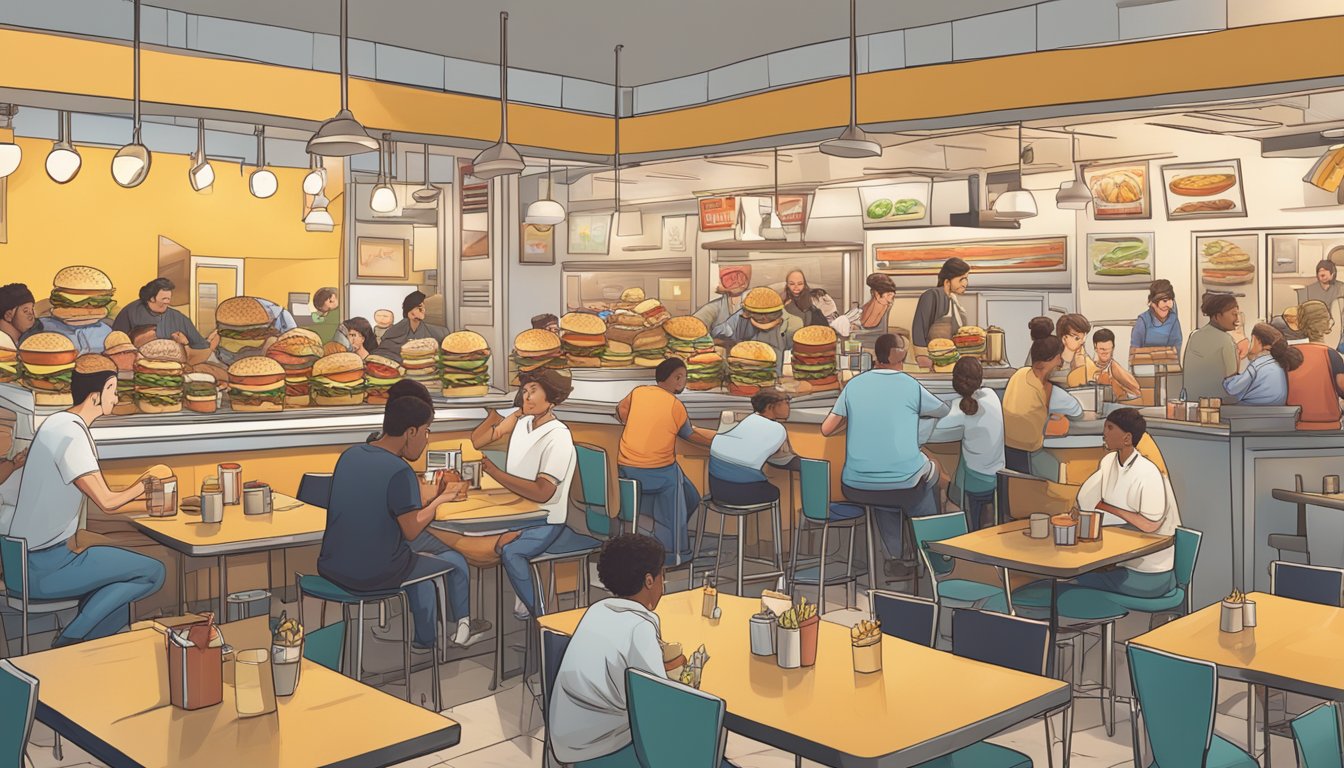 A crowded fast-food restaurant with greasy burgers, overflowing milkshakes, and piles of fries on every table