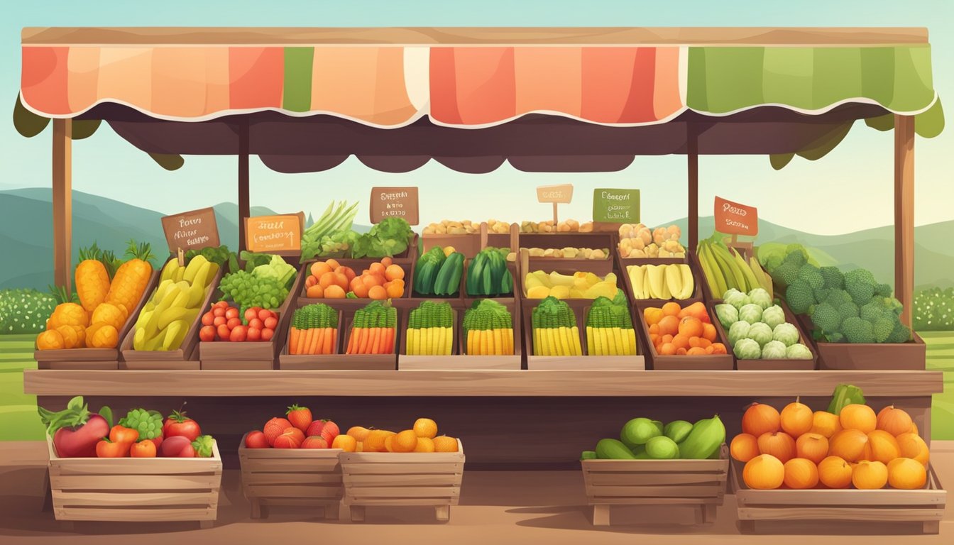 A colorful farmers market with a variety of fresh fruits, vegetables, and organic products displayed on wooden stands