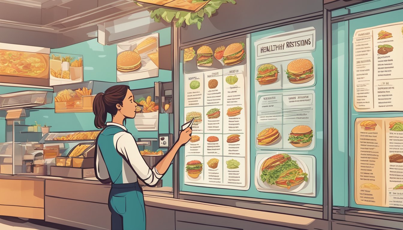 A person standing in front of a fast food menu, pointing to a list of healthy options while considering their dietary restrictions