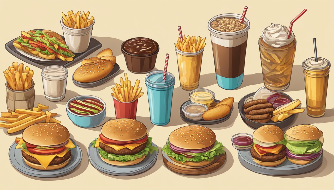 A table with a variety of fast food items, including burgers, shakes, and fries, laid out for analysis