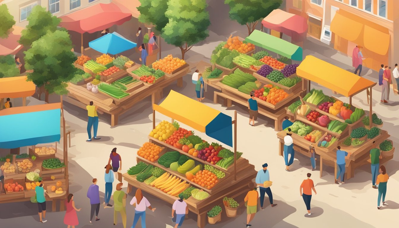 A vibrant farmers market with colorful fruits and vegetables displayed on wooden stands, surrounded by people enjoying outdoor activities