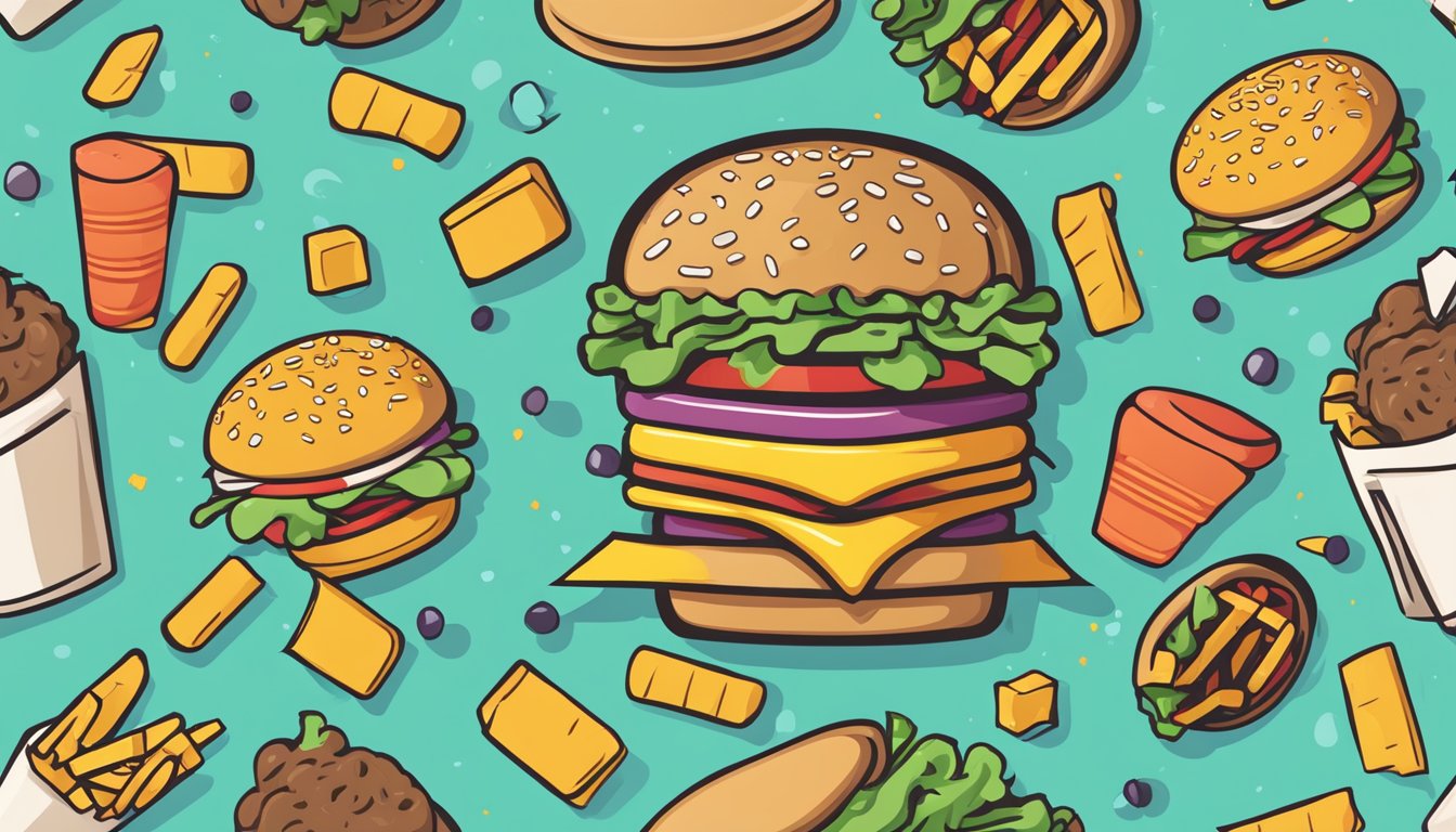 A colorful burger, shake, and fries with a crossed-out allergen symbol