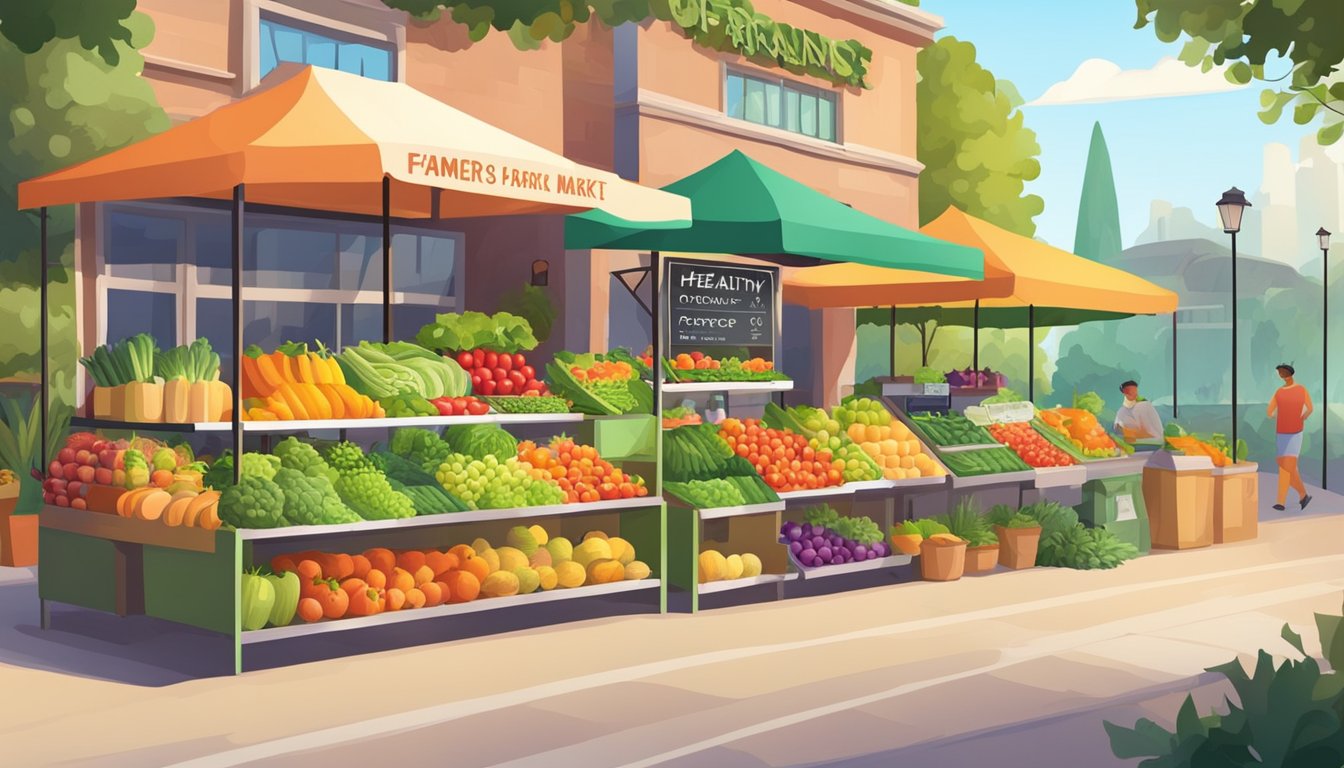 A colorful farmers' market with fresh fruits and vegetables, a juice bar, and a sign advertising organic, healthy options