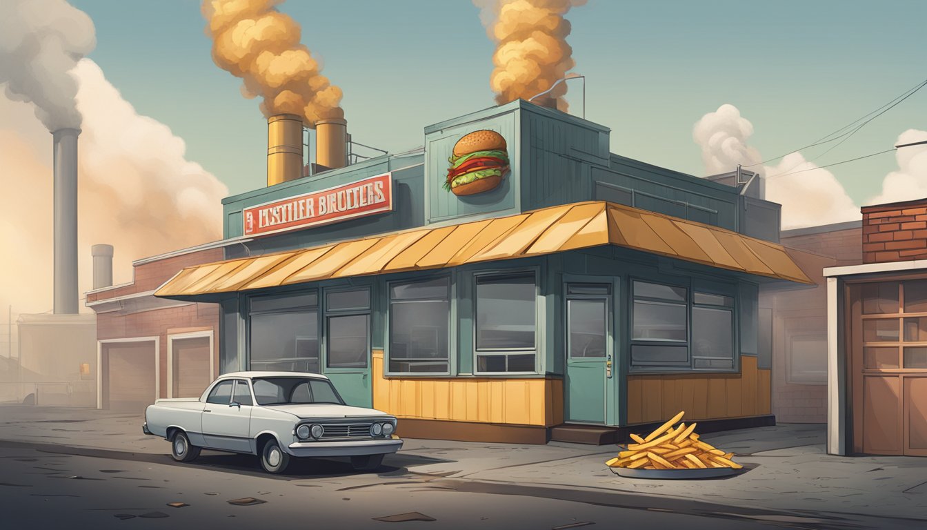 A greasy burger and fries sit next to a factory emitting smoke. Corners cut