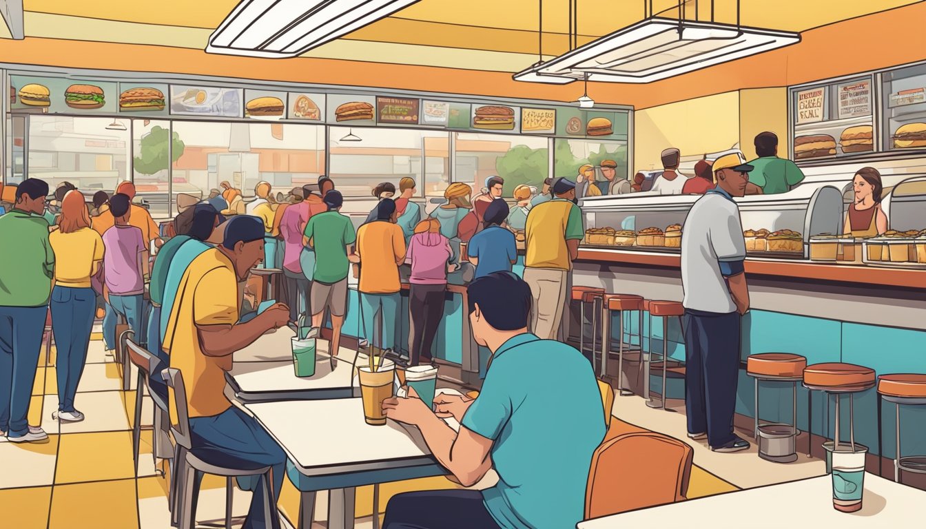 A crowded fast food restaurant with greasy burgers and milkshakes on tables, and customers waiting in line