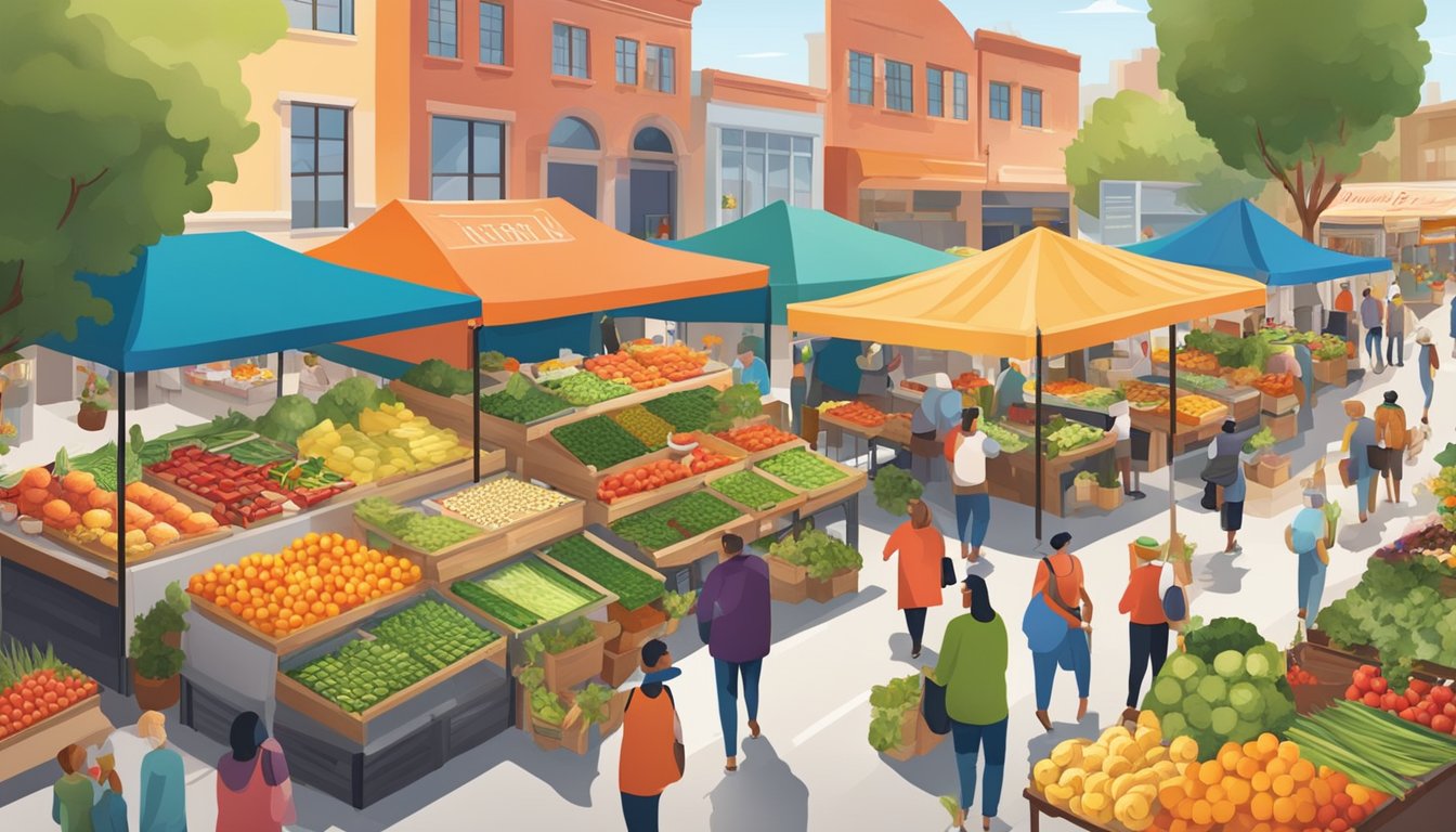 A bustling farmer's market with colorful stalls offering fresh fruits, vegetables, and whole foods. Nearby, a modern restaurant showcases a diverse menu of healthy dining options