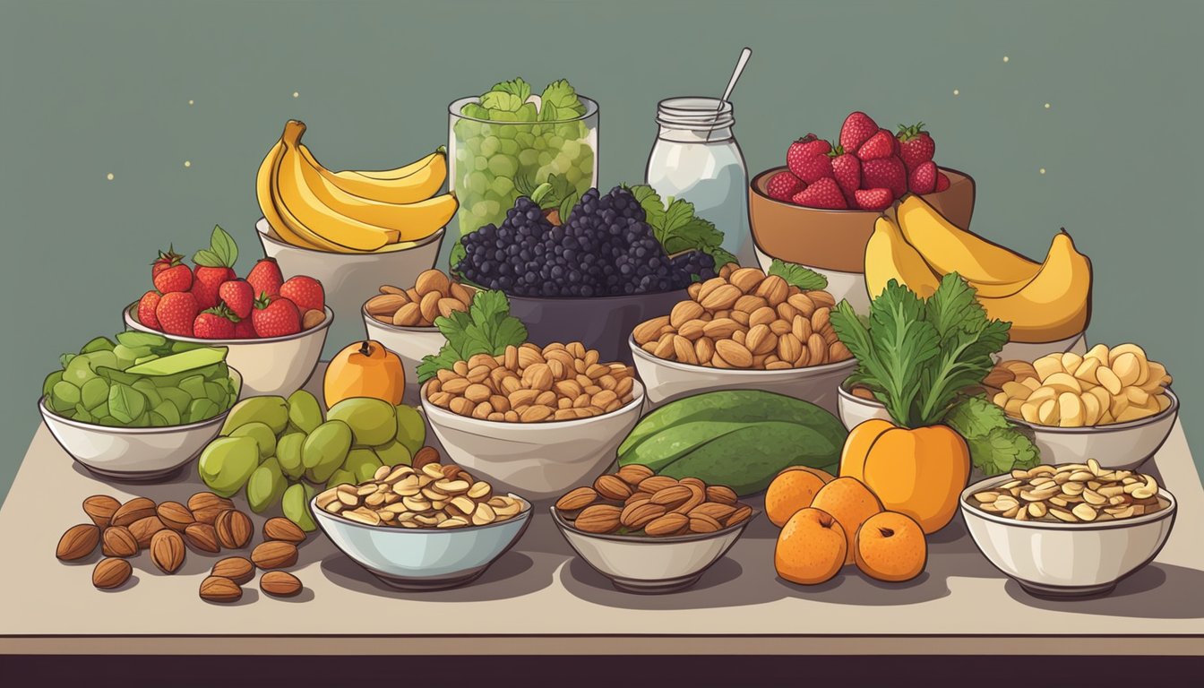 A table with a variety of healthy snacks: fruit, nuts, veggies, and hummus. Different dietary needs are catered for with gluten-free and dairy-free options