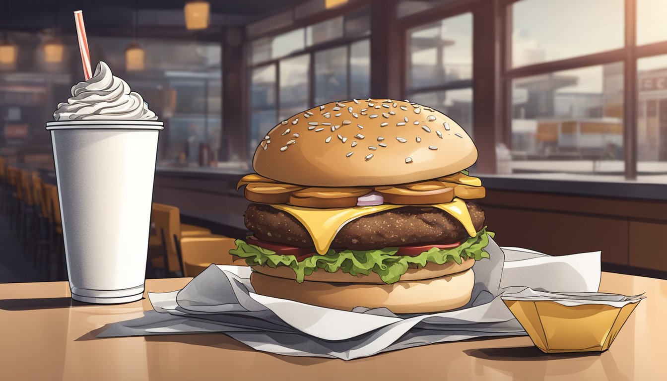 A greasy burger and milkshake sit next to a pile of empty fry containers on a fast-food restaurant table