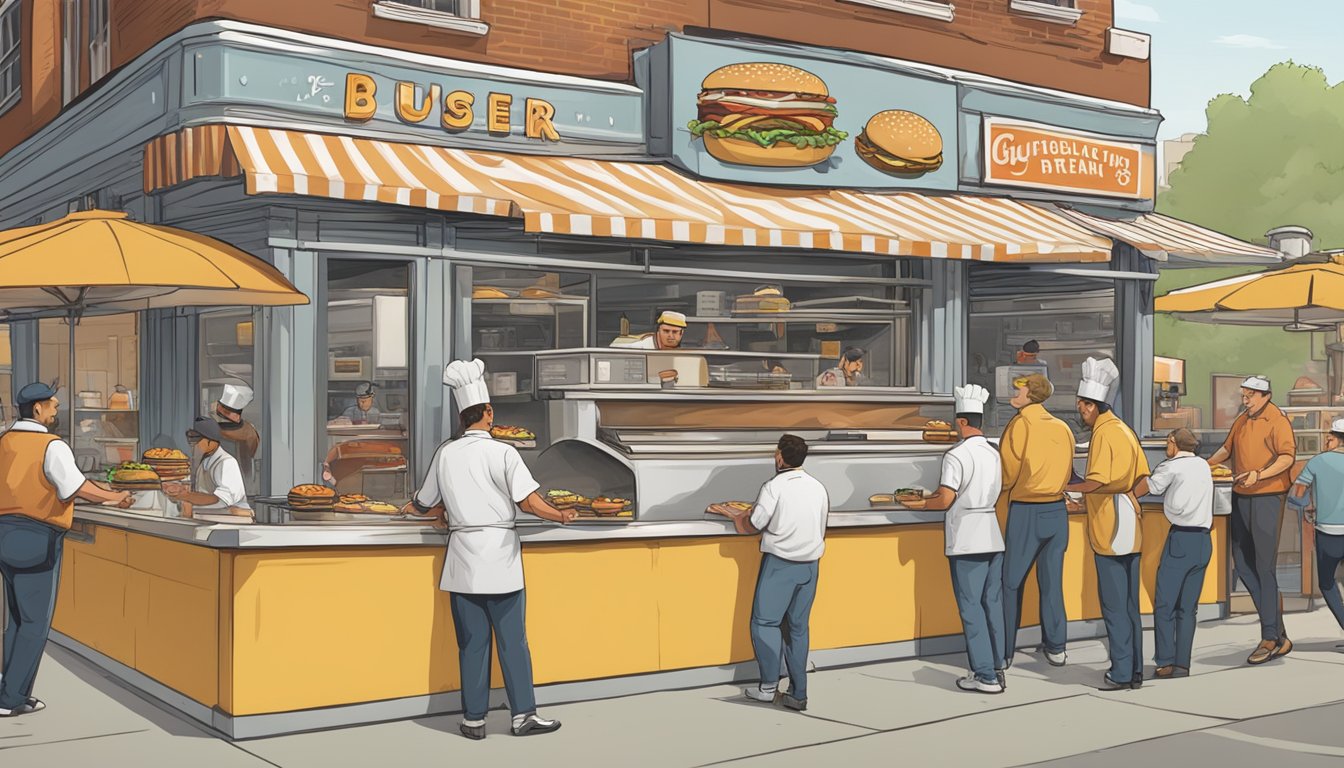 A bustling burger joint with oversized promotional signs and a line of customers, while a chef grapples with a greasy grill