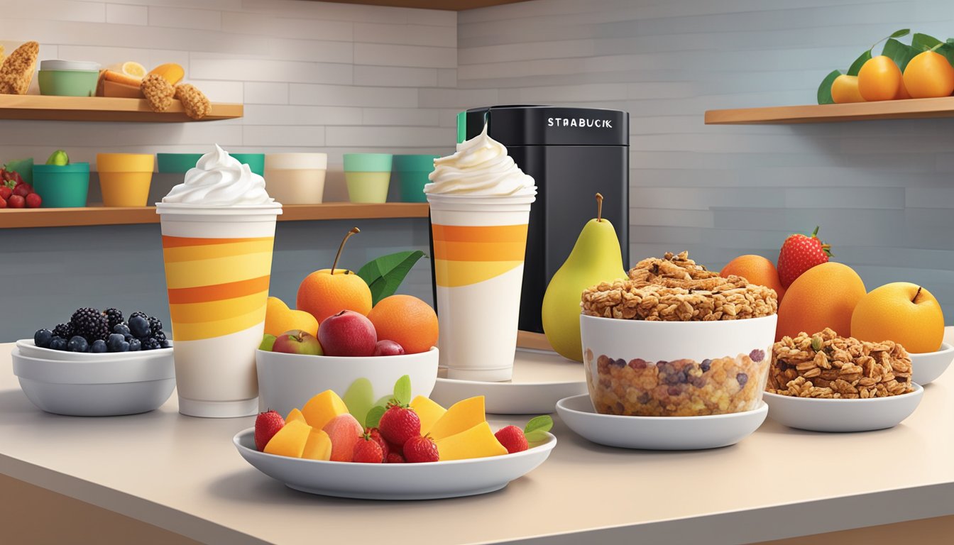 A colorful array of fresh fruits, granola, yogurt, and whole grain pastries displayed on a clean, modern countertop at Starbucks