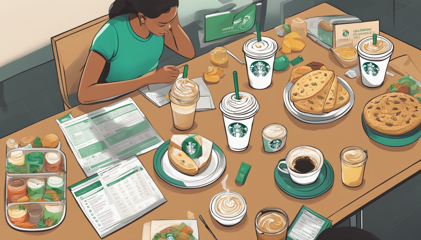 A table with various Starbucks food and drink items, surrounded by nutritional information labels and a person analyzing the data