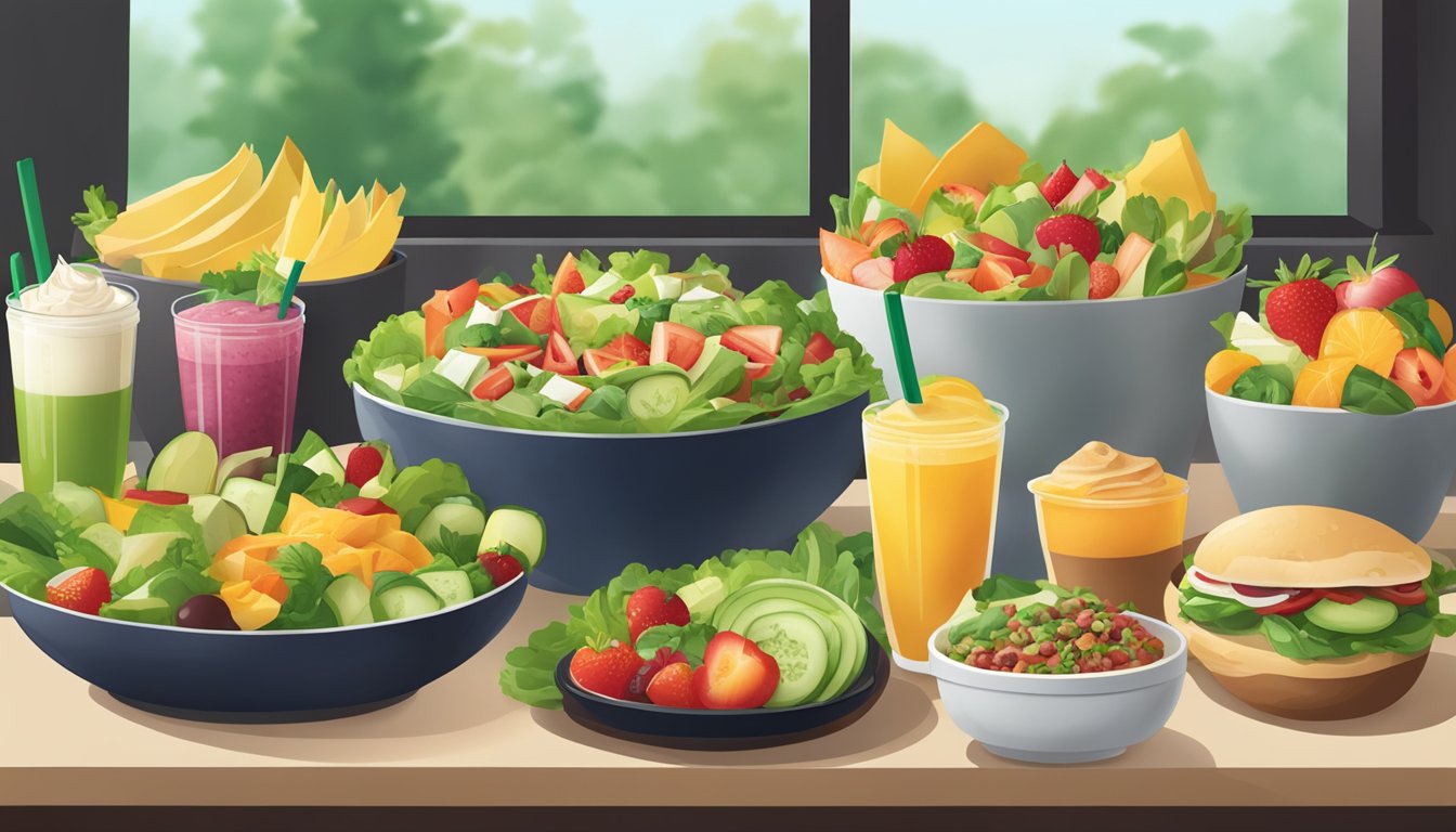 A table with various healthy food and drink options from Starbucks, including salads, wraps, fruit cups, and smoothies, displayed attractively with fresh ingredients