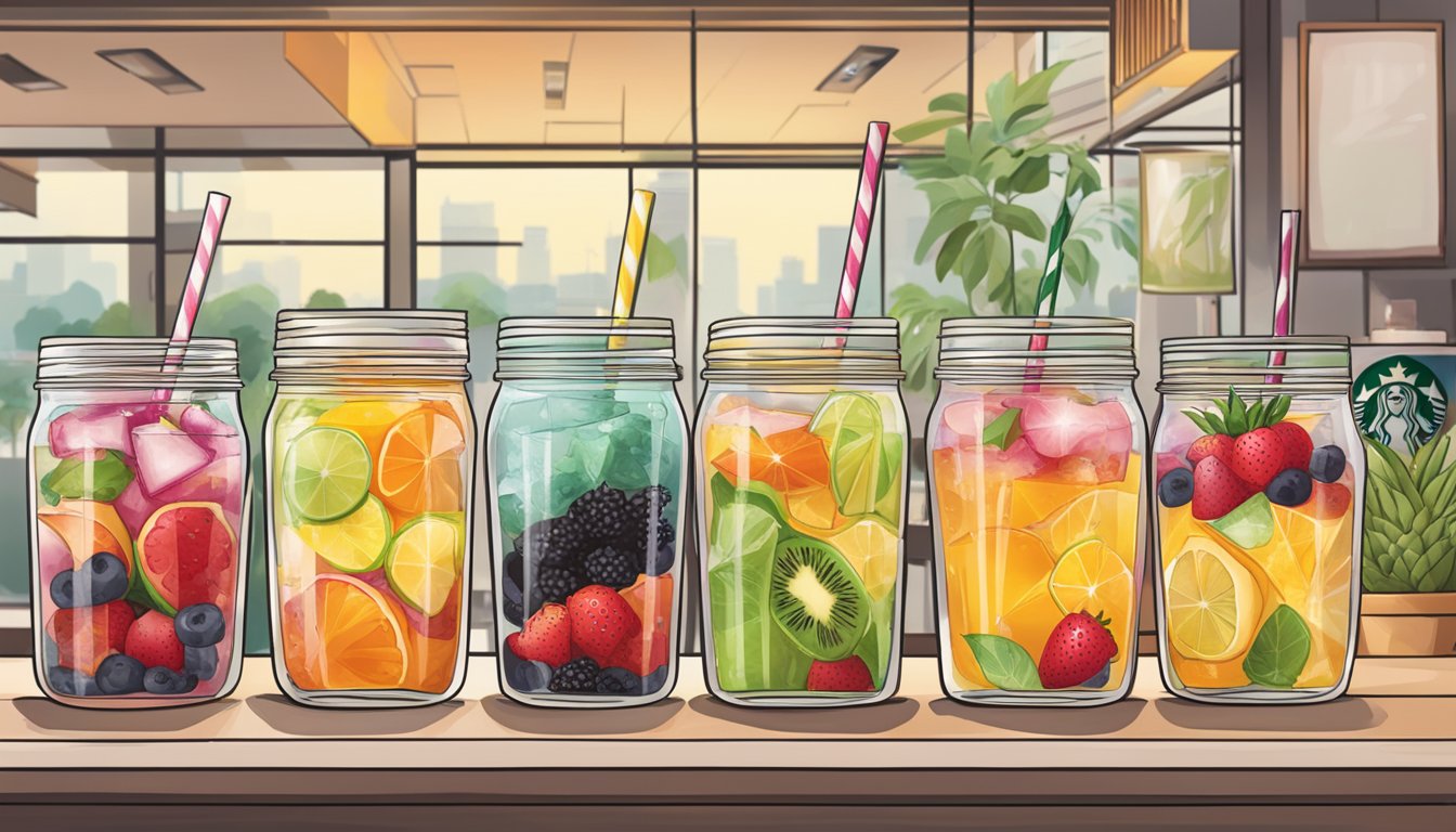 A colorful display of fruit-infused water, iced teas, and smoothies at a Starbucks cafe