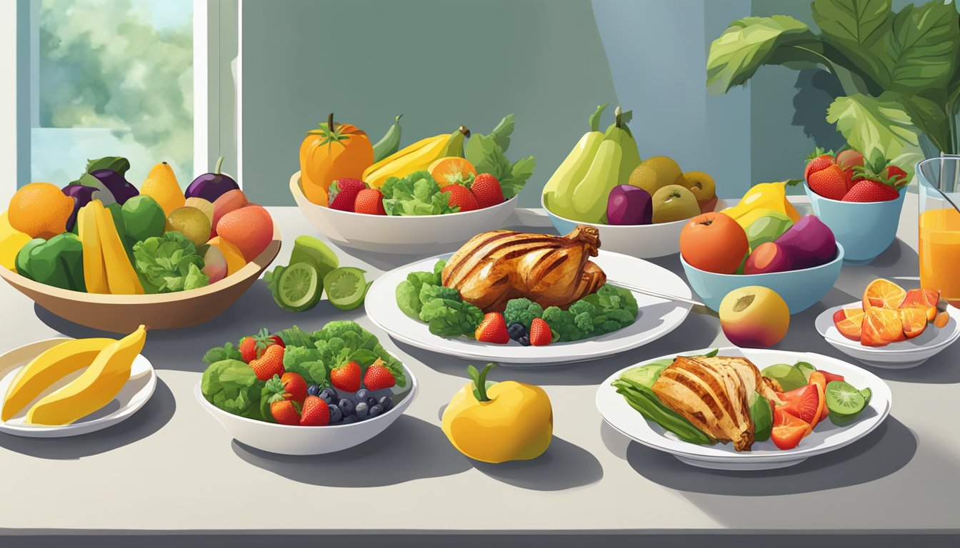 A colorful array of fresh fruits, vegetables, and grilled chicken displayed on a clean, modern table