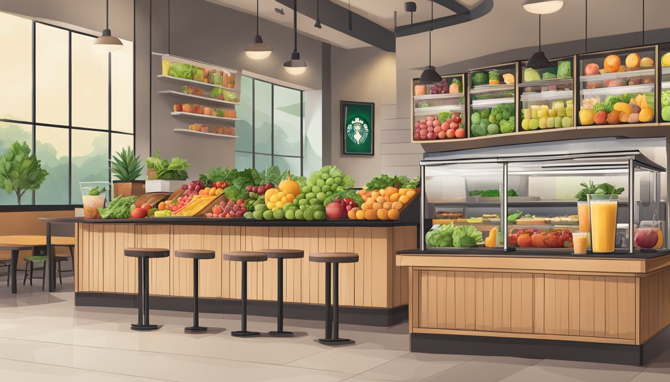 A table with a variety of fresh fruits, salads, and smoothies displayed next to a Starbucks counter with a selection of healthy drink options