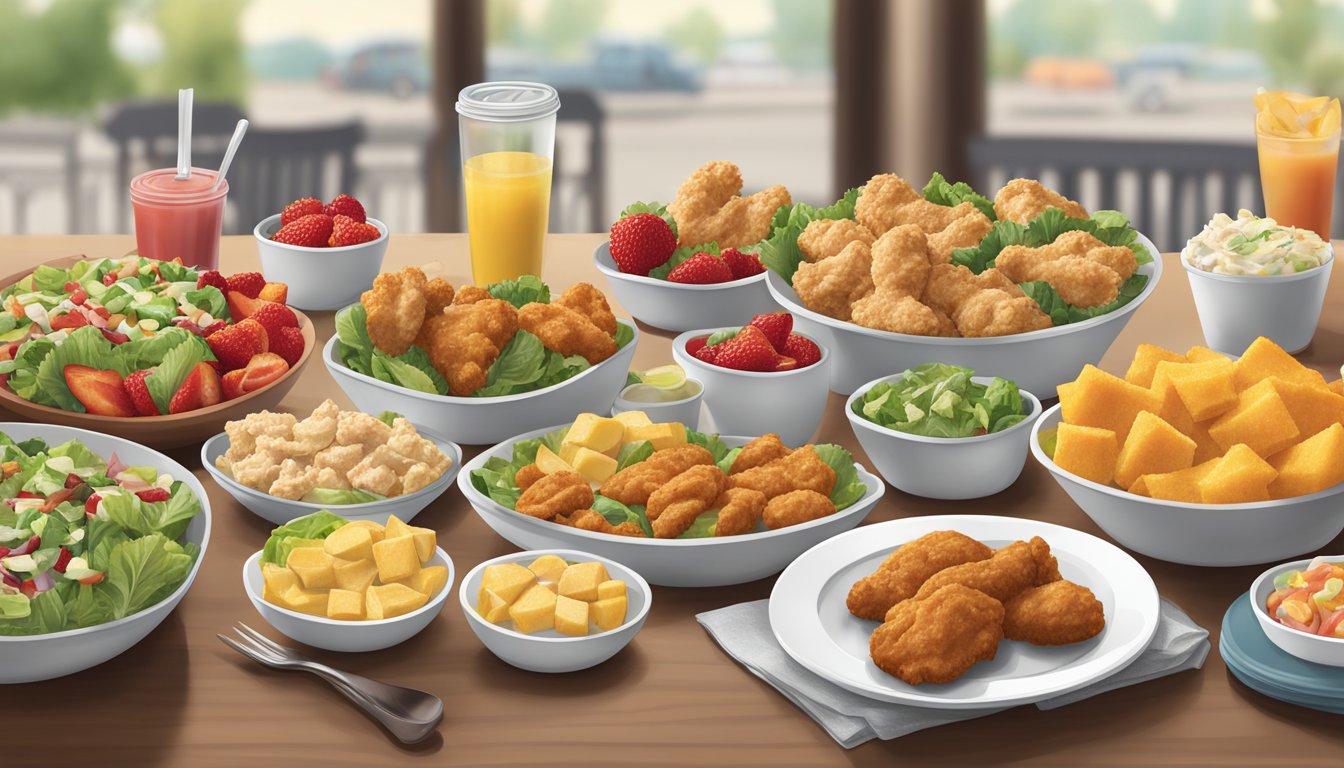 A table set with a variety of healthy sides and treats from Chick-fil-A, including fruit cups, salads, and grilled chicken nuggets