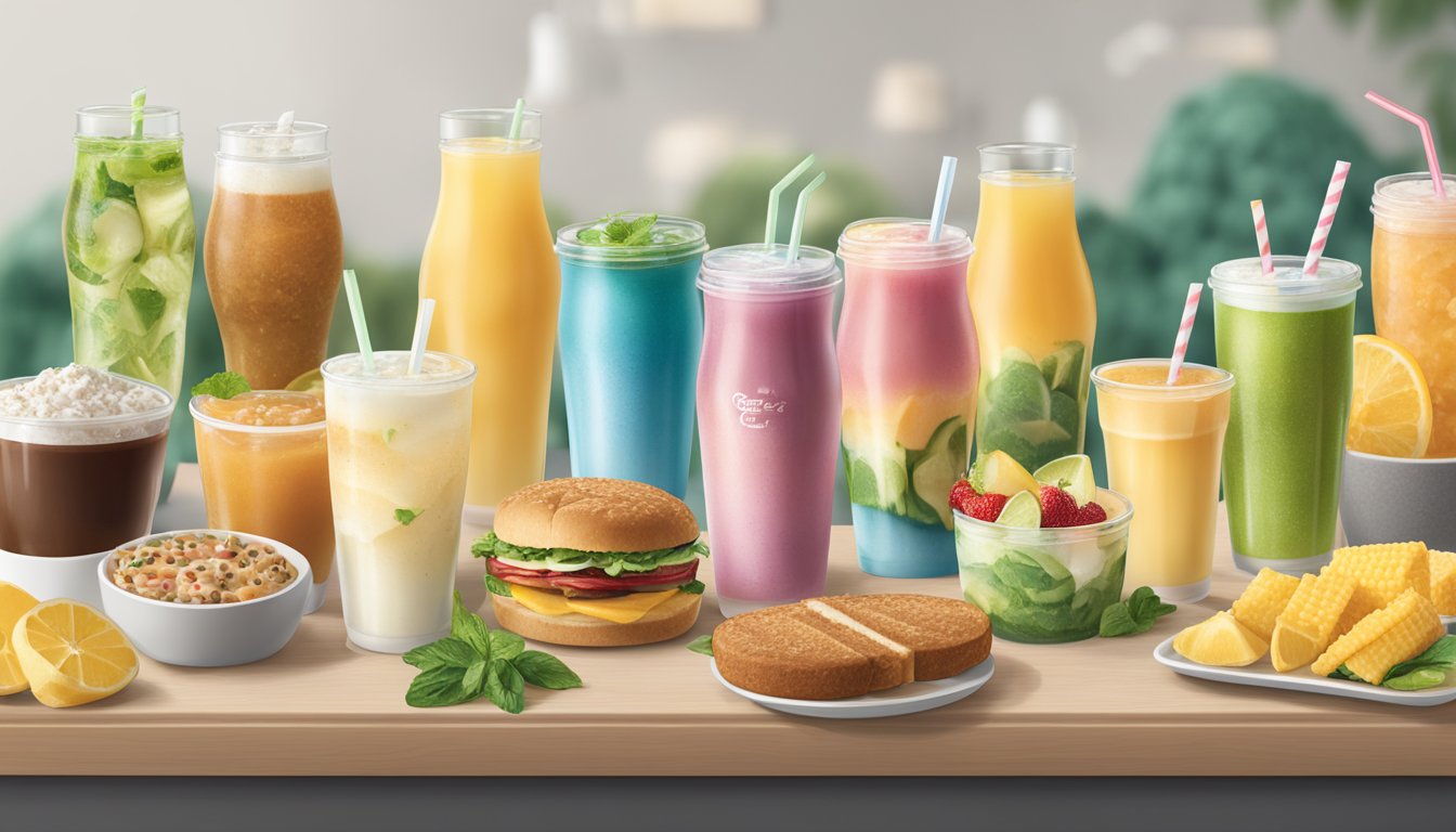 A table with a variety of healthy beverage options at Chick-fil-A