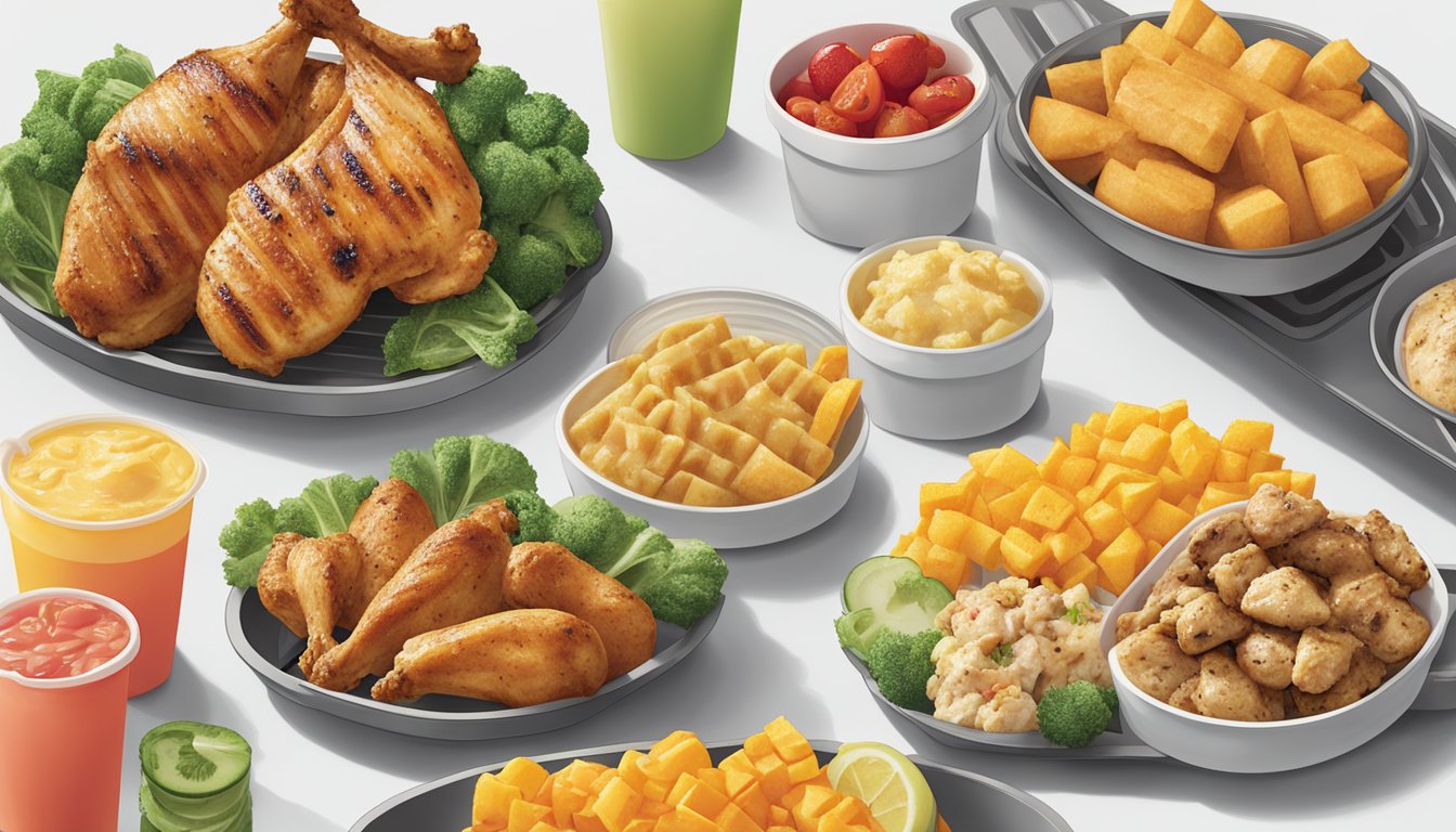 A colorful array of grilled options, including chicken, vegetables, and fruit, are neatly arranged on a tray at Chick-fil-A