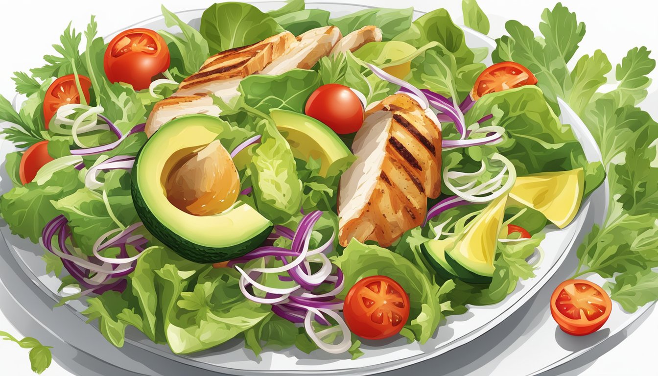 A colorful array of fresh salad ingredients arranged on a white plate, including mixed greens, grilled chicken, tomatoes, cucumbers, and avocado slices